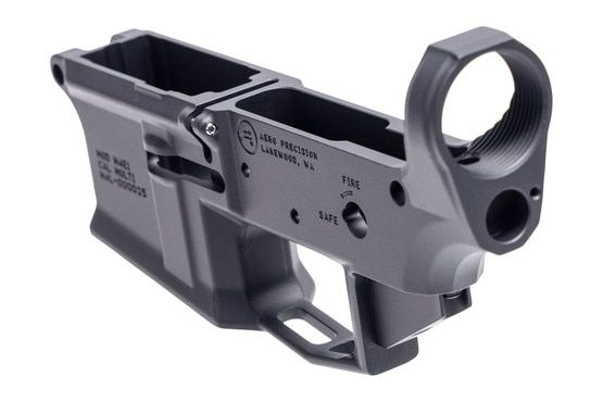 The Aero Precision M4E1 lower receiver features a black anodized finish.